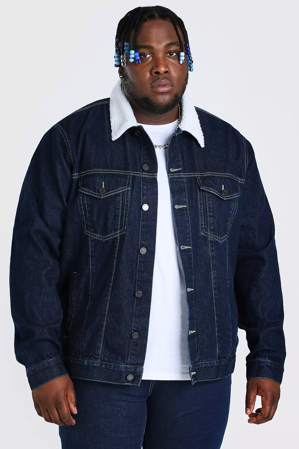 Plus size denim jacket with fur collar sale